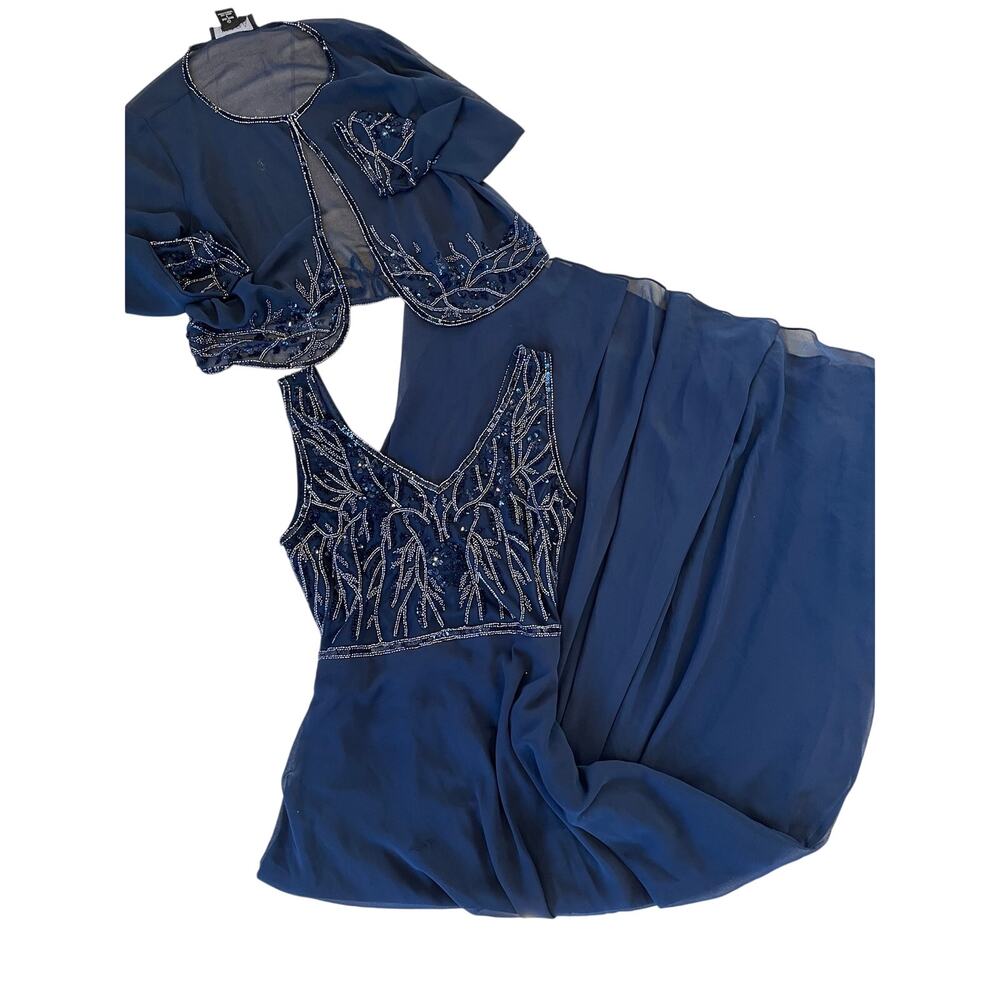 JKARA 2 Piece Navy Beaded Chiffon Evening Gown Dress & Jacket Size 6